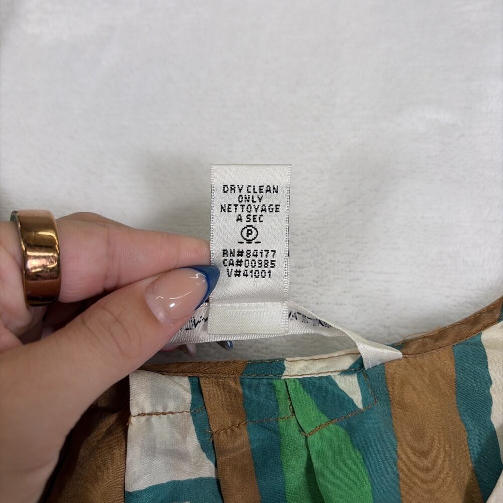 DIANE von FURSTENBERG 100% Silk Geometric Blouse Green Brown White Size 6 Chrty - Picture 7 of 9